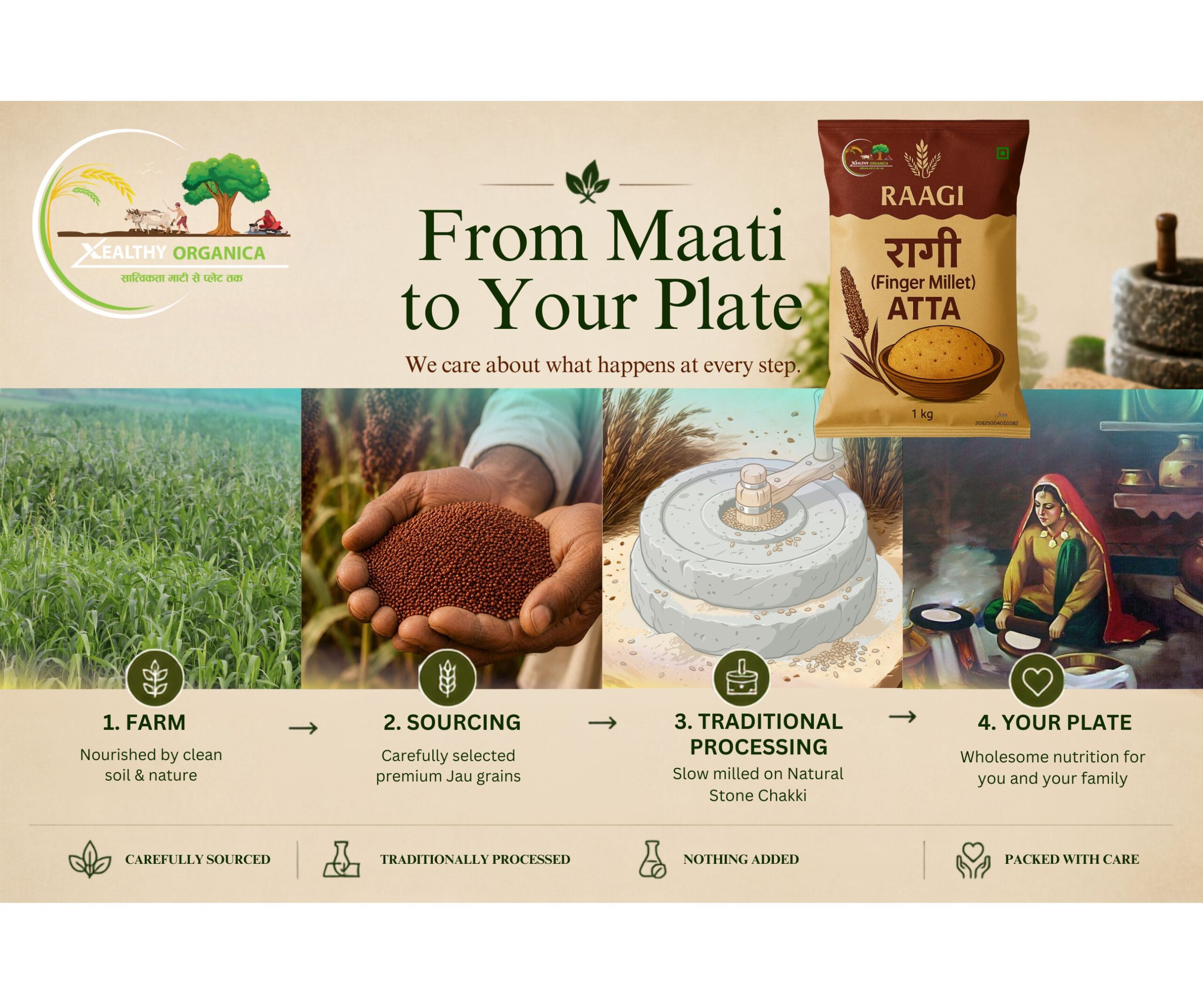 Xealthy Organica Cold-Pressed Raagi Atta (Stone-Ground & No Preservatives) 1kg - Image 3
