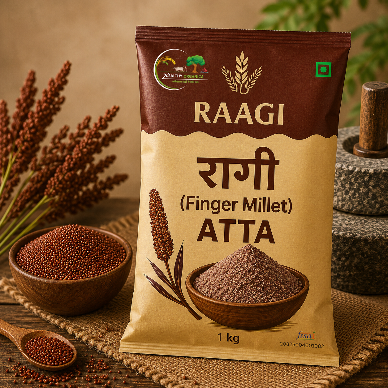 Xealthy Organica Cold-Pressed Raagi Atta (Stone-Ground & No Preservatives) 1kg
