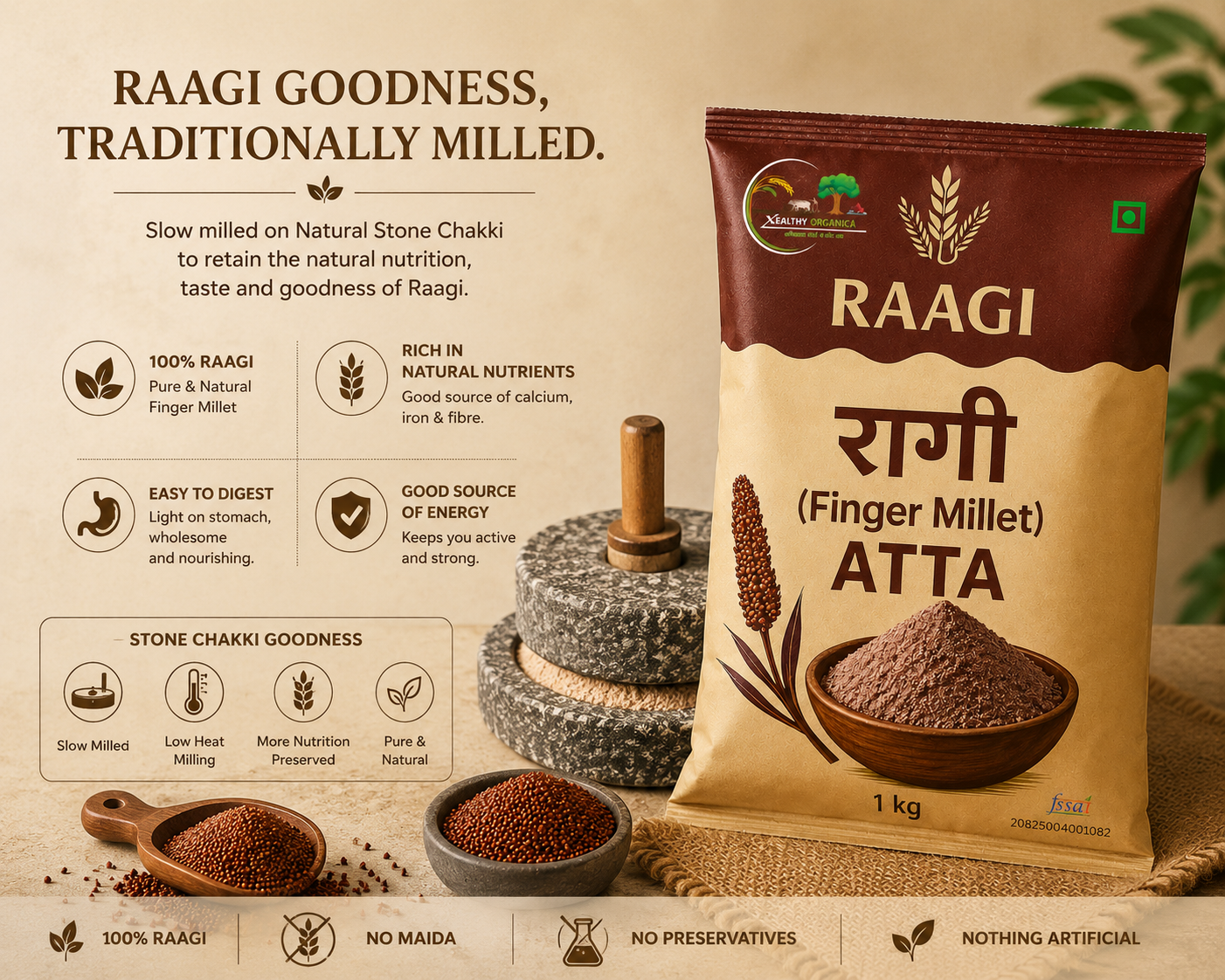 Xealthy Organica Cold-Pressed Raagi Atta (Stone-Ground & No Preservatives) 1kg - Image 2