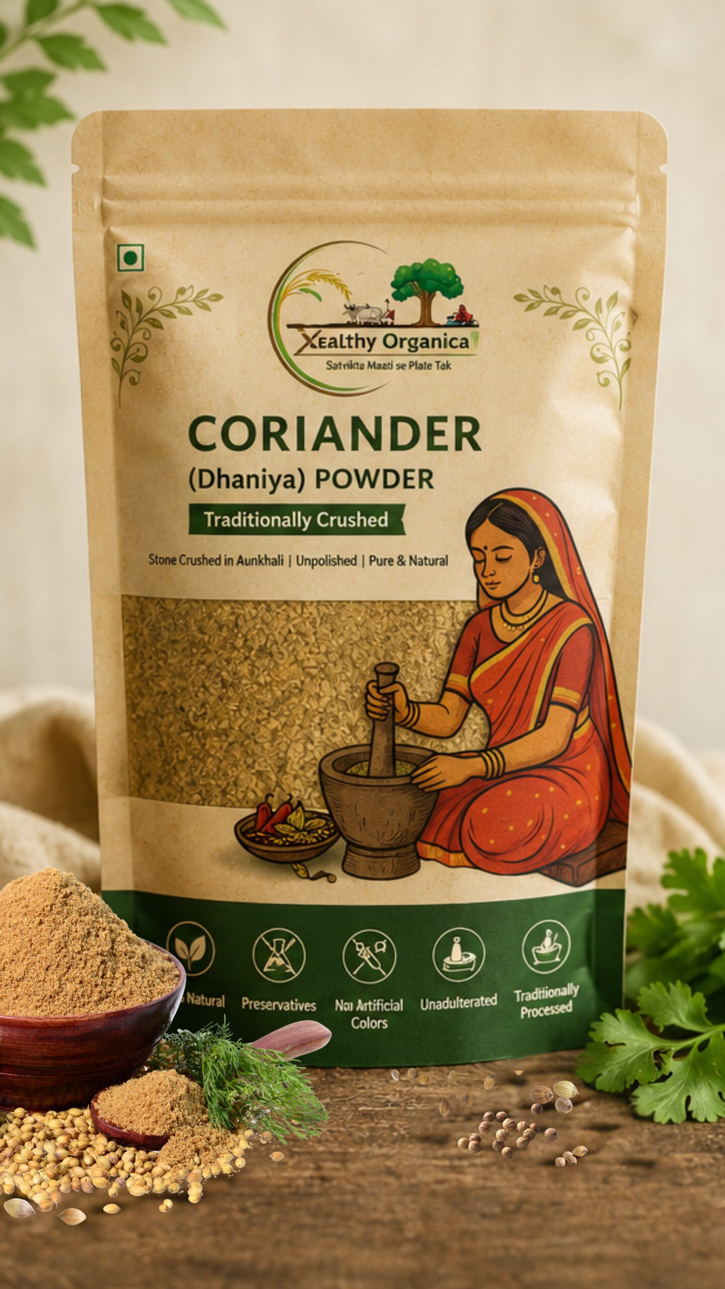 Xealthy Organica Dhaniya Powder (Chemical-Free & Traditionally Slow-Crushed)- 100gm